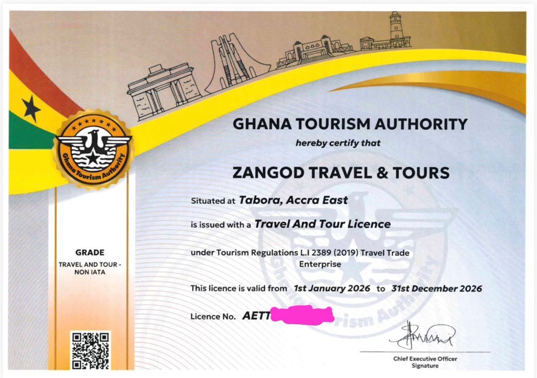 Zangod Travel & Tours Ghana Tourism Authority Travel and Tour Licence