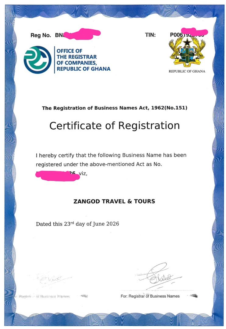 Zangod Travel & Tours Certificate of Registration Ghana